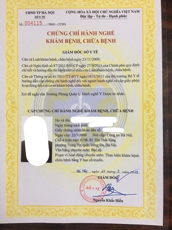 Chứng chỉ hành nghề Y học cổ truyền